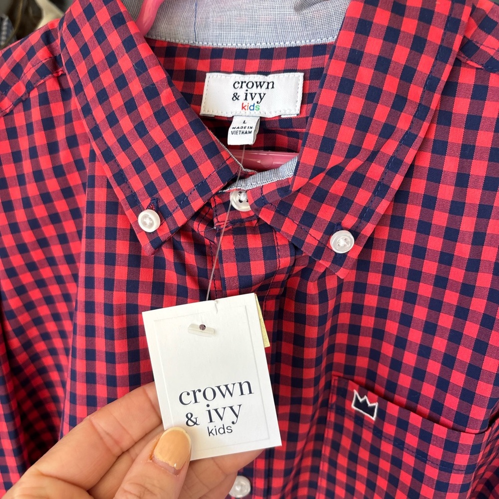 Crown & Ivy red + black plaid button-up shirt Size L with tags  #plaid boys